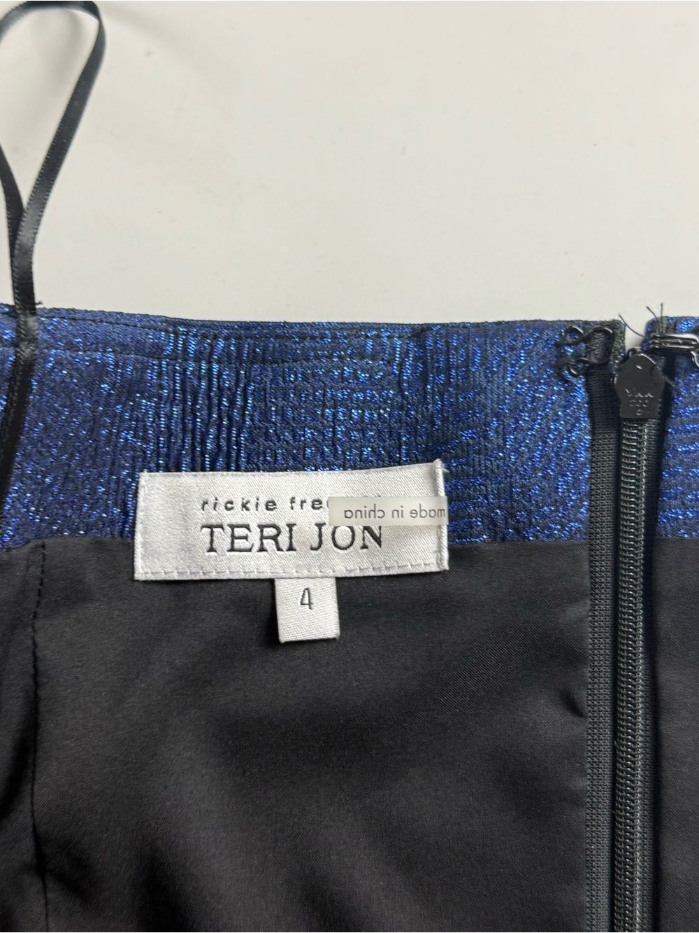 Teri Jon Rickie Freeman Sapphire Blue Metallic Off Shoulder Cocktail Dress 4 - Picture 8 of 14